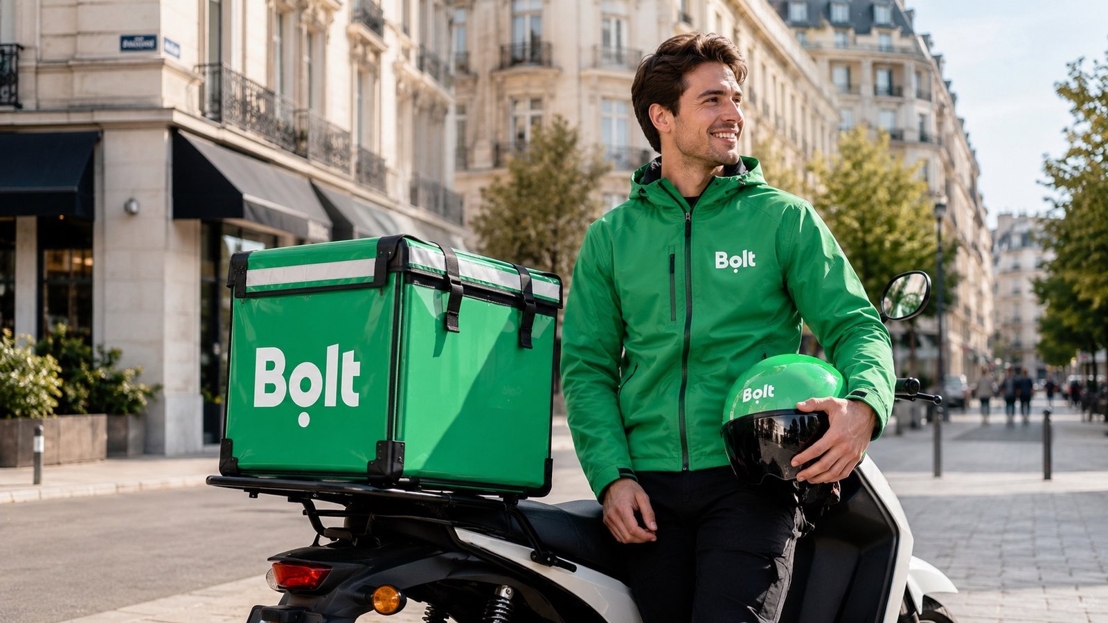 Curier Bolt Food cu scuter și cutie de livrare